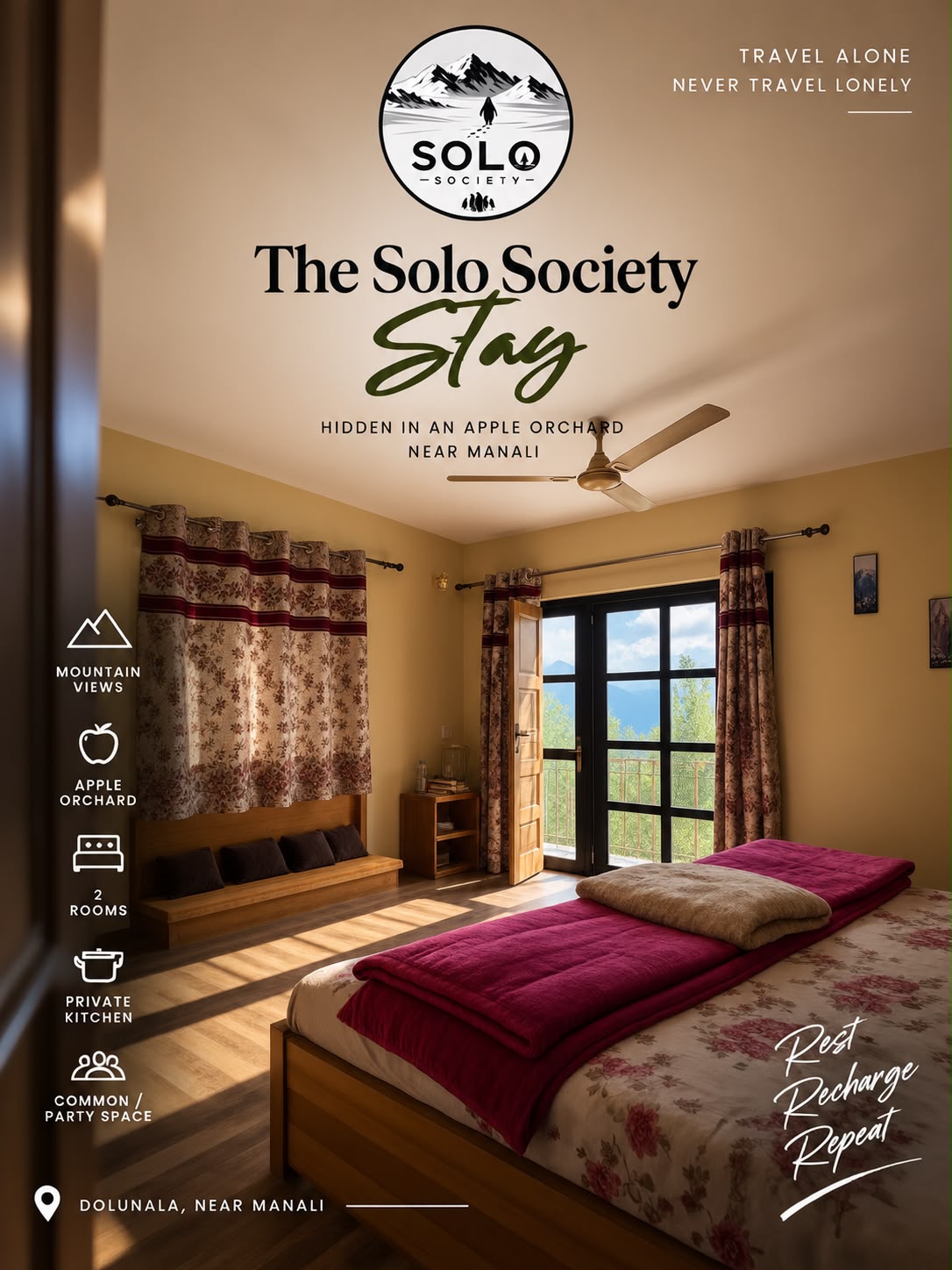 Bedroom at Solo Society Stay with a mountain view