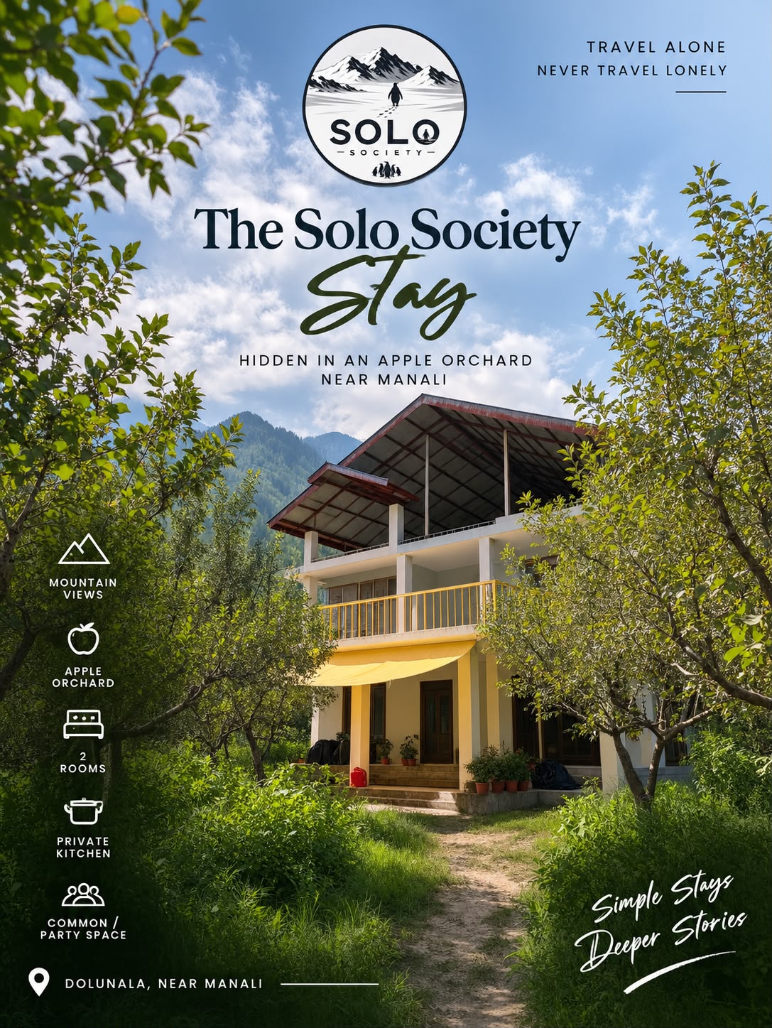 Solo Society Stay farmhouse surrounded by apple trees