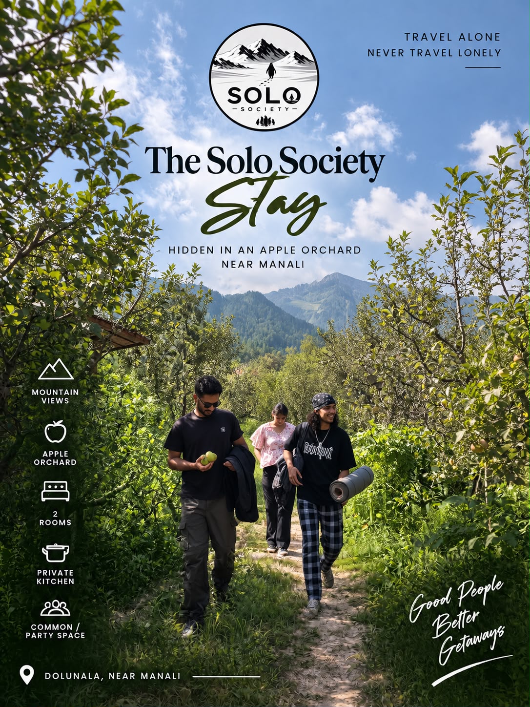 Guests walking through the apple orchard at Solo Society Stay